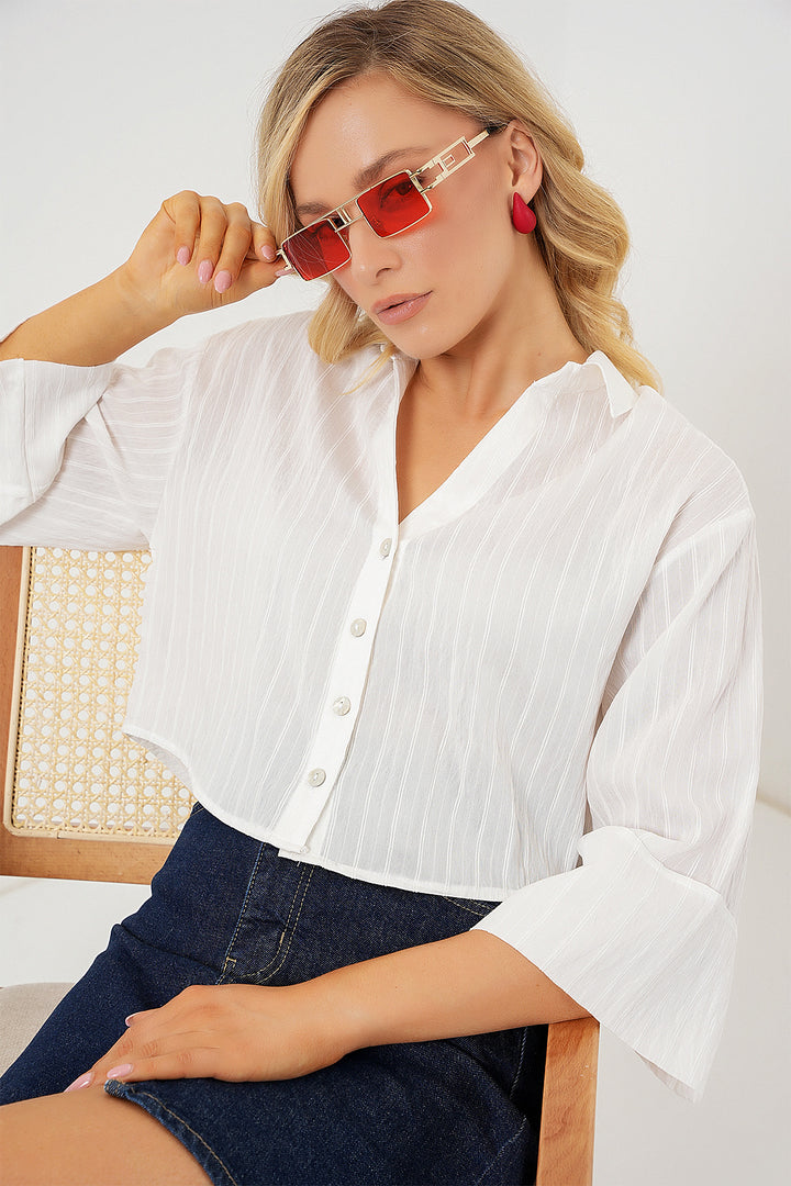 BGD Women Woman Striped Oversized Short Shirt 20326 - White - Concord