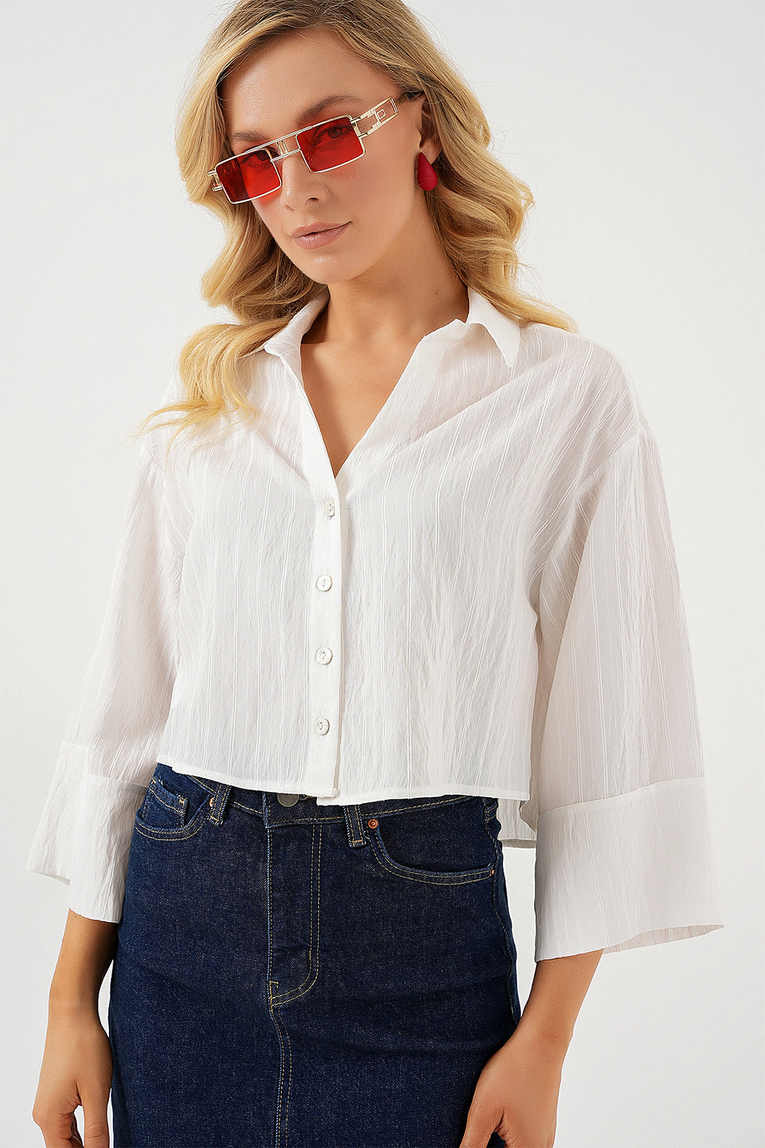 BGD Women Woman Striped Oversized Short Shirt 20326 - White - Concord