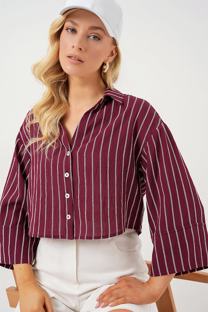 BGD Women Woman Striped Oversized Short Shirt 20326 - Burgundy - Horishni Plavni