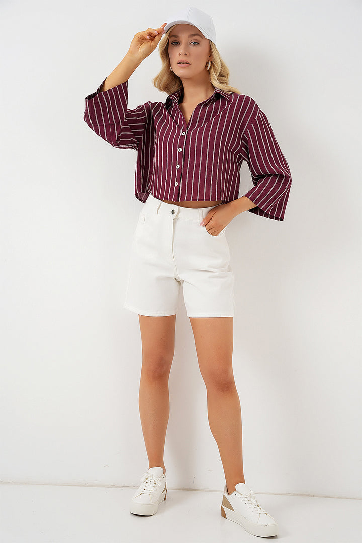 BGD Women Woman Striped Oversized Short Shirt 20326 - Burgundy - Horishni Plavni