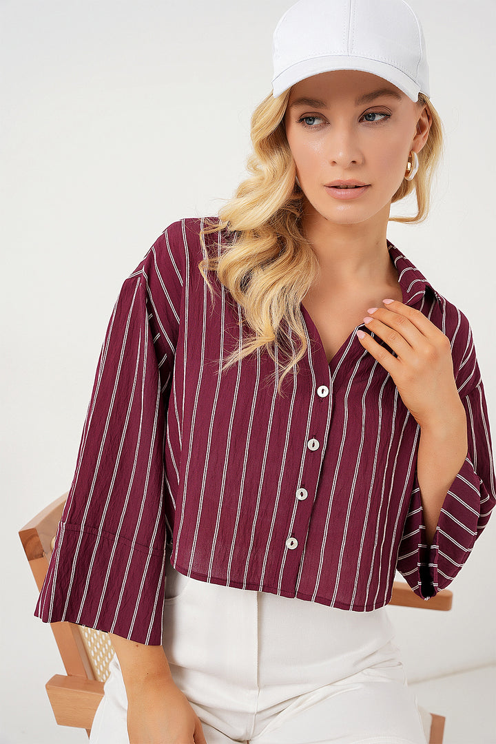 BGD Women Woman Striped Oversized Short Shirt 20326 - Burgundy - Horishni Plavni