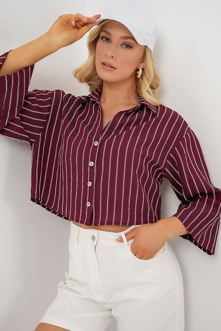 BGD Women Woman Striped Oversized Short Shirt 20326 - Burgundy - Horishni Plavni