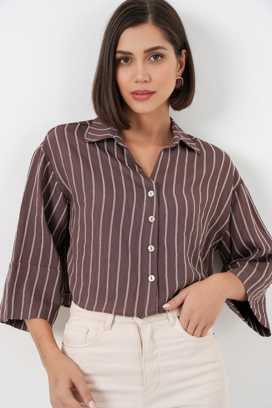 BGD Women Kadın Çizgili Oversize Kısa Gömlek 20326 - Kahverengi - Whitley Bay