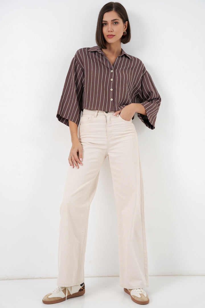 BGD Women Kadın Çizgili Oversize Kısa Gömlek 20326 - Kahverengi - Whitley Bay