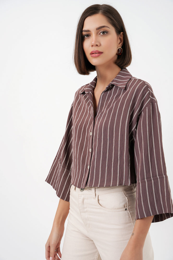 BGD Women Kadın Çizgili Oversize Kısa Gömlek 20326 - Kahverengi - Whitley Bay
