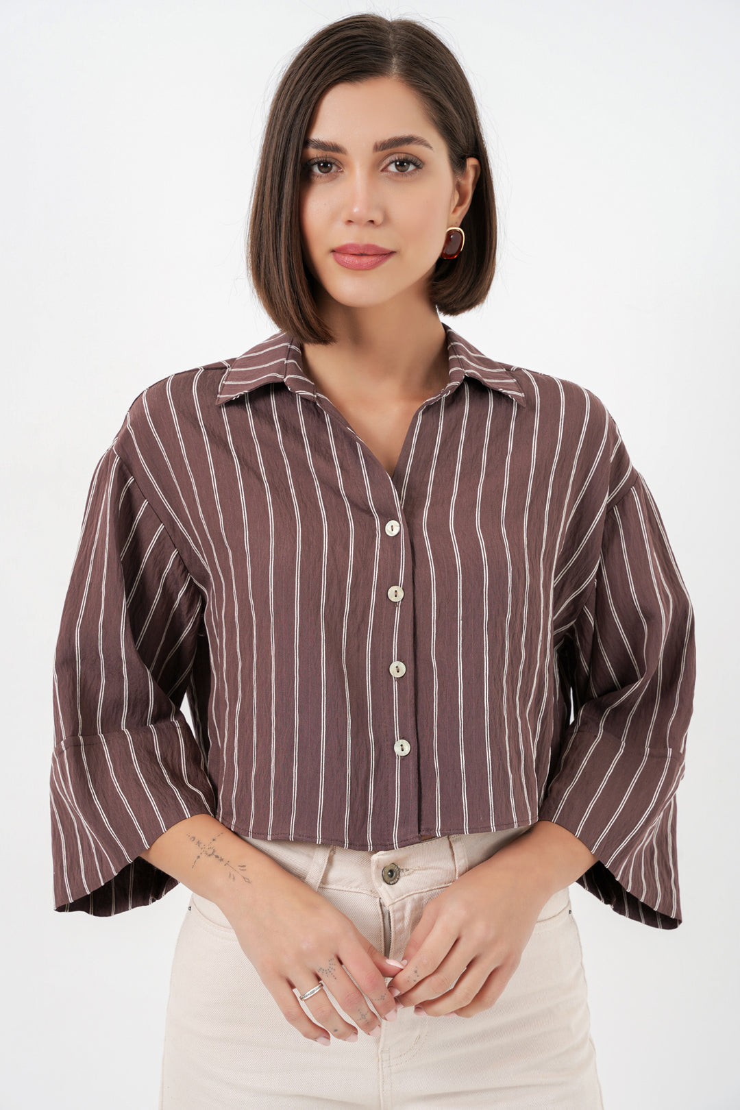 BGD Women Kadın Çizgili Oversize Kısa Gömlek 20326 - Kahverengi - Whitley Bay