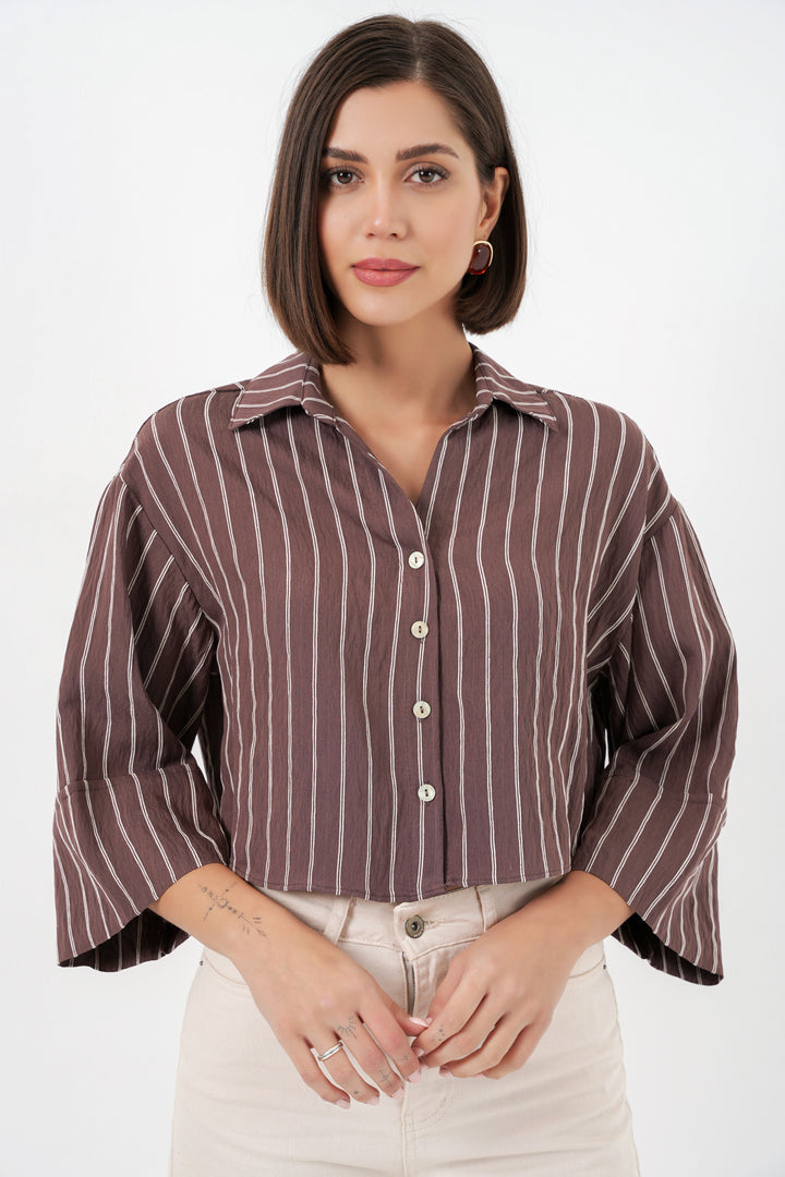 BGD Women Kadın Çizgili Oversize Kısa Gömlek 20326 - Kahverengi - Whitley Bay