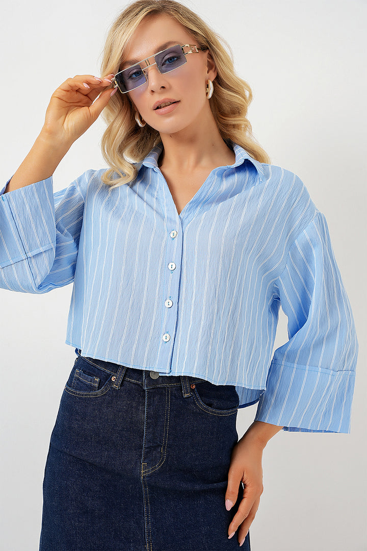 BGD Women Women's Striped Oversized Short Shirt 20326 - Blue - Teruel