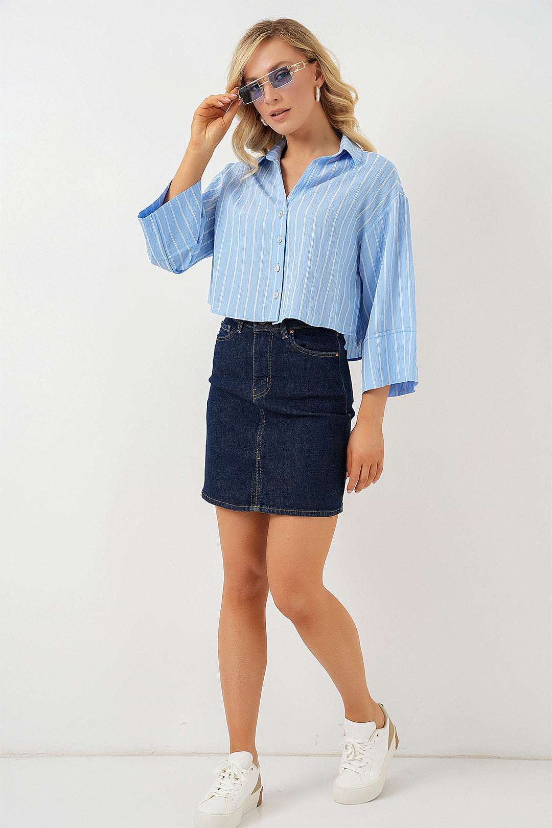 BGD Women Women's Striped Oversized Short Shirt 20326 - Blue - Teruel