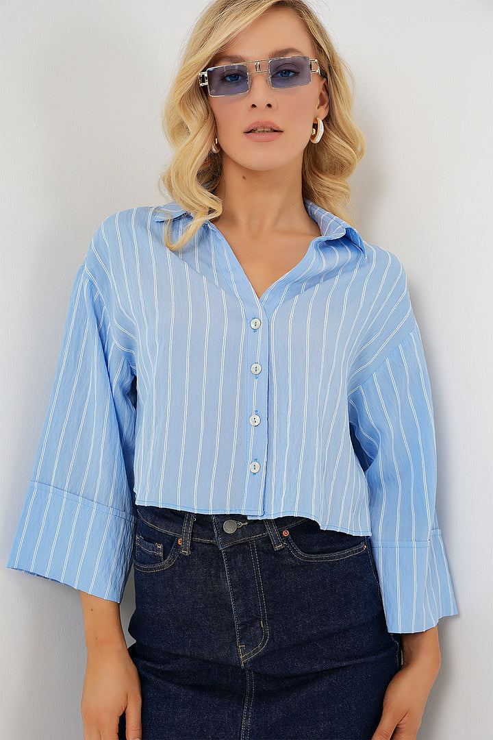 BGD Women Women's Striped Oversized Short Shirt 20326 - Blue - Teruel