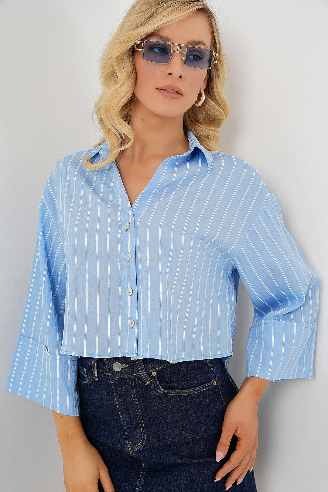 BGD Women Women's Striped Oversized Short Shirt 20326 - Blue - Teruel