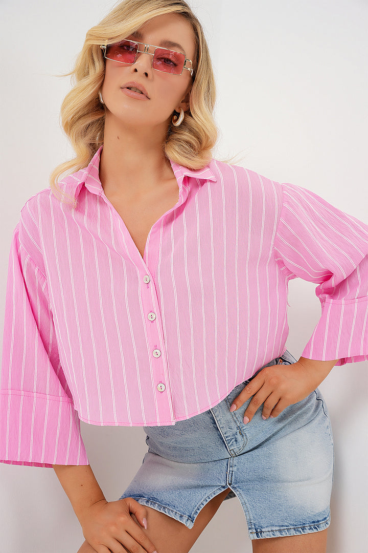 BGD Women Women's Striped Oversized Short Shirt 20326 - Pink - Bad Homburg