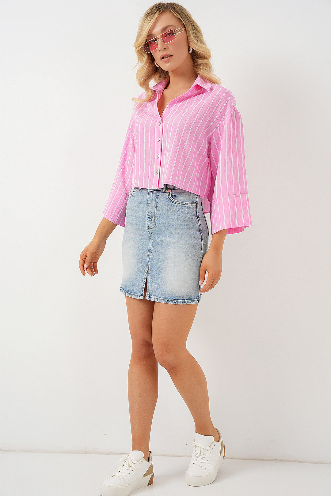 BGD Women Women's Striped Oversized Short Shirt 20326 - Pink - Bad Homburg