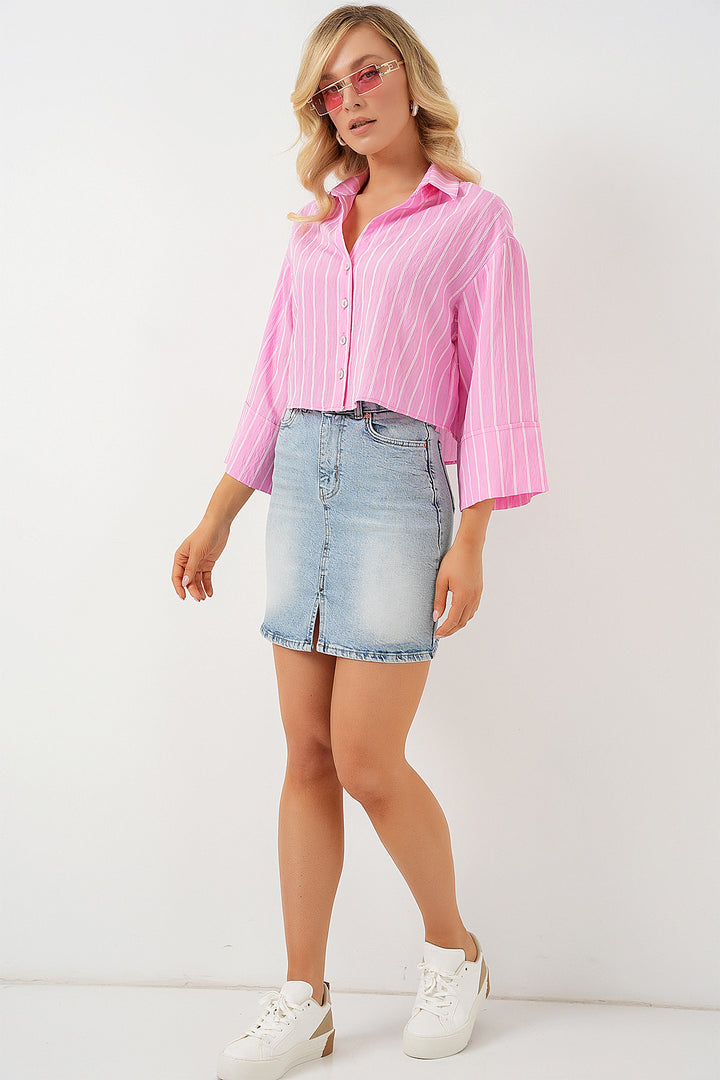 BGD Women Women's Striped Oversized Short Shirt 20326 - Pink - Bad Homburg