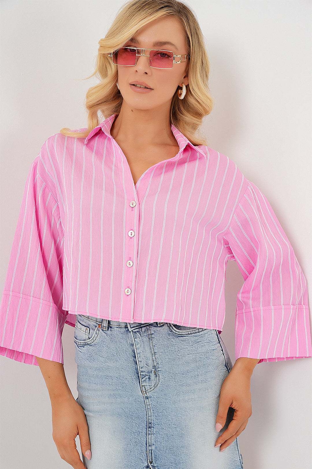 BGD Women Women's Striped Oversized Short Shirt 20326 - Pink - Bad Homburg