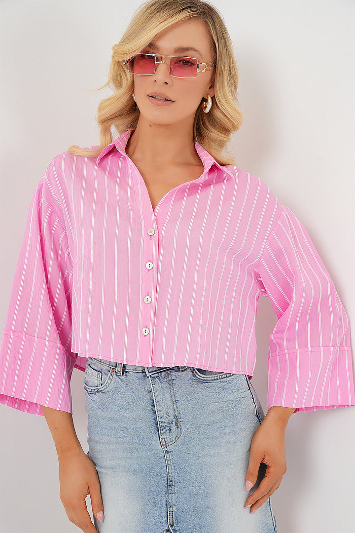 BGD Women Women's Striped Oversized Short Shirt 20326 - Pink - Bad Homburg