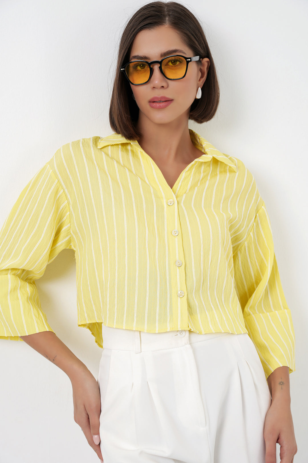BGD Women Kadın Çizgili Oversize Kısa Gömlek 20326 - Sarı - Springfield