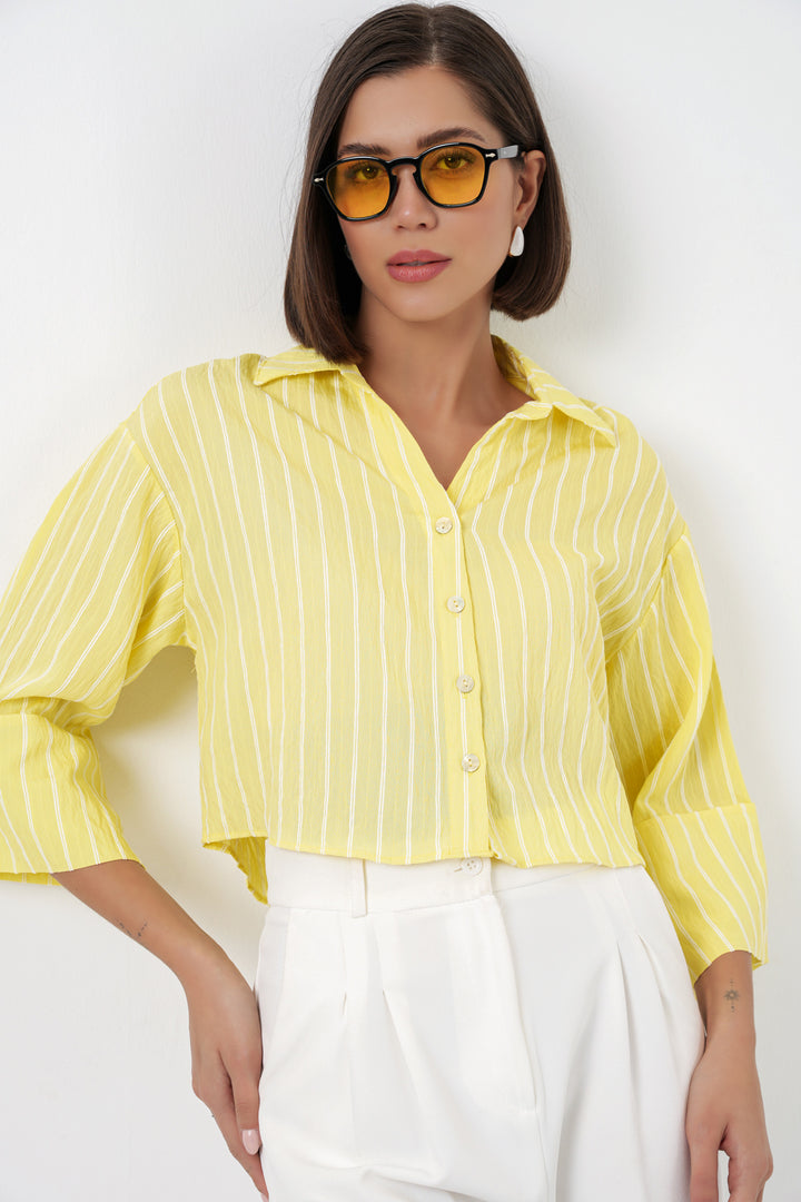 BGD Women Kadın Çizgili Oversize Kısa Gömlek 20326 - Sarı - Springfield