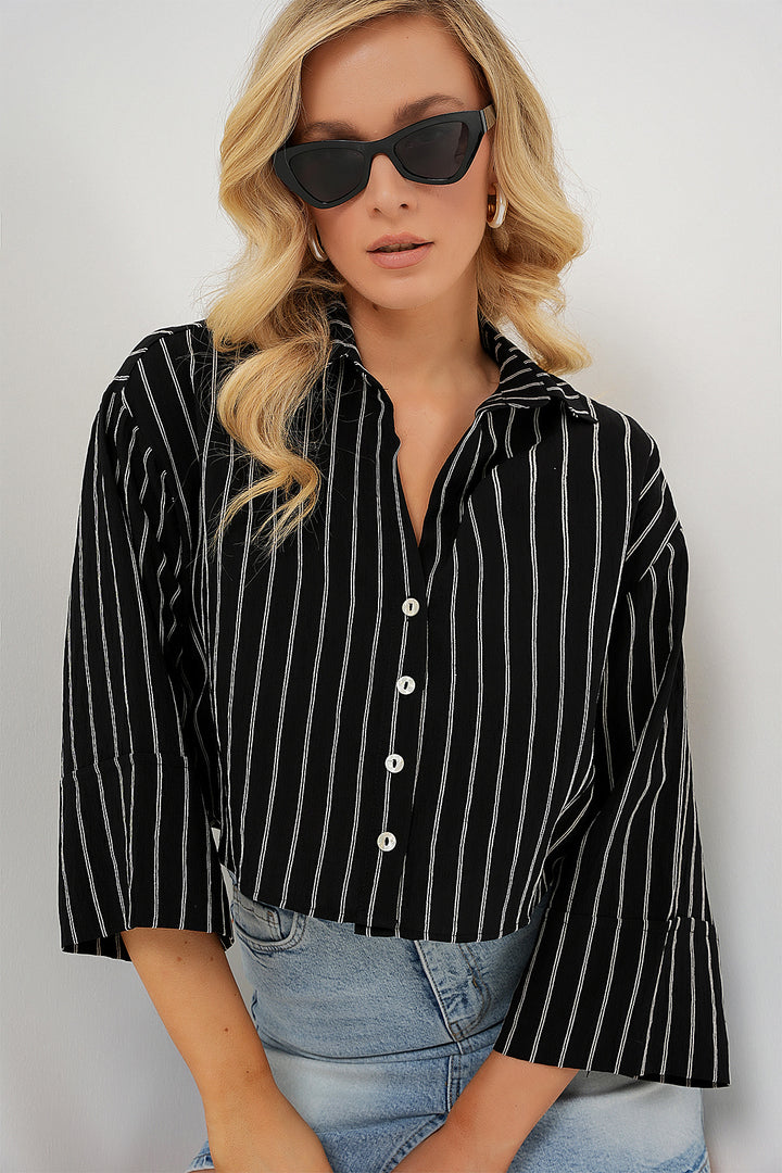 BGD Women Woman Striped Oversized Short Shirt 20326 - Black - Mackay