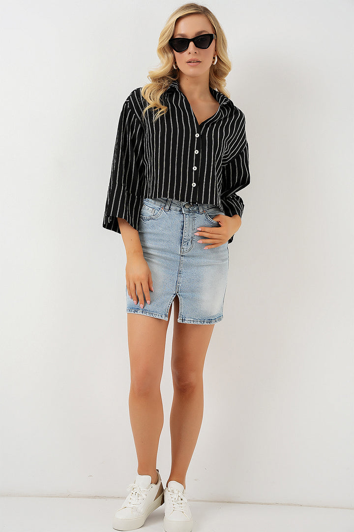 BGD Women Woman Striped Oversized Short Shirt 20326 - Black - Mackay