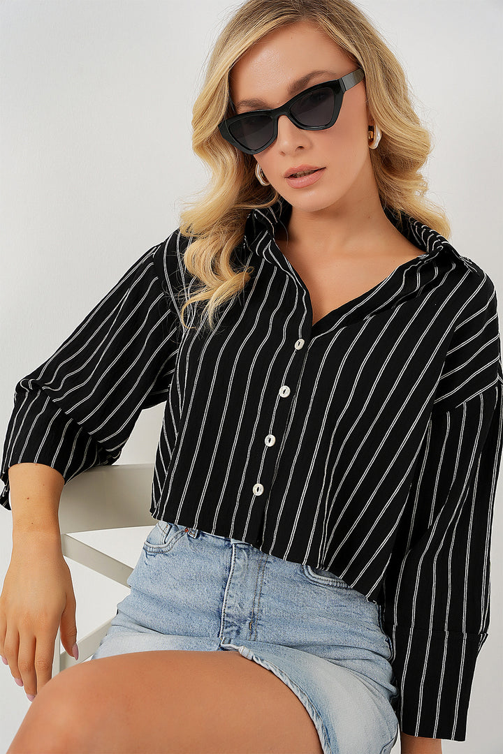 BGD Women Woman Striped Oversized Short Shirt 20326 - Black - Mackay