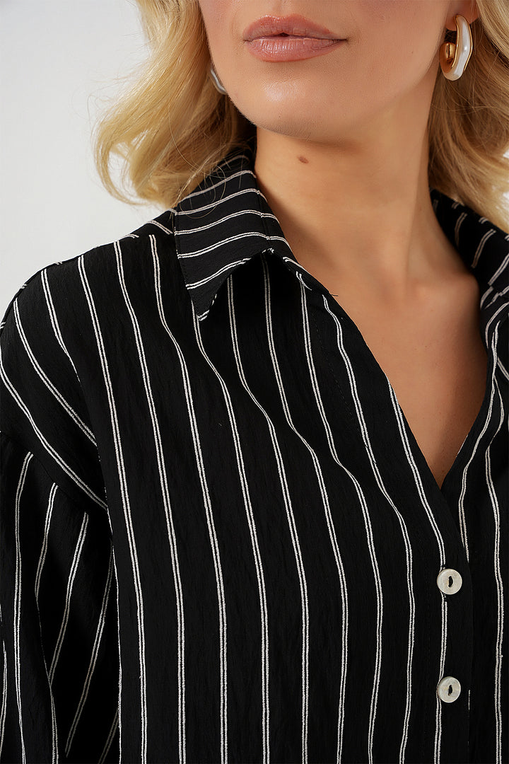 BGD Women Woman Striped Oversized Short Shirt 20326 - Black - Mackay