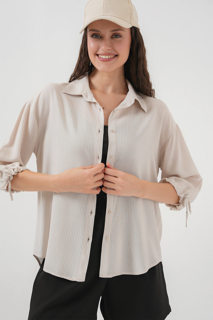 BGD Women Women's Striped Oversized Short Sleeve Shirt 20296 - Cream - Watertown Town