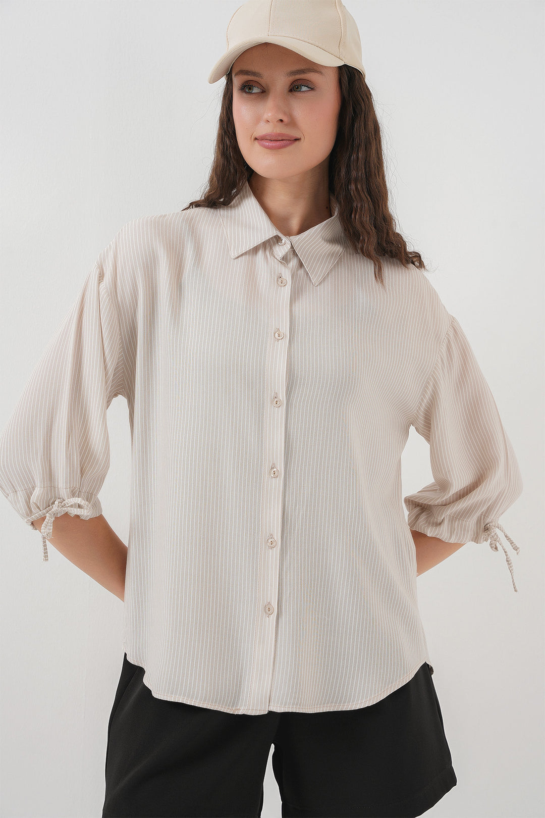 BGD Women Women's Striped Oversized Short Sleeve Shirt 20296 - Cream - Watertown Town