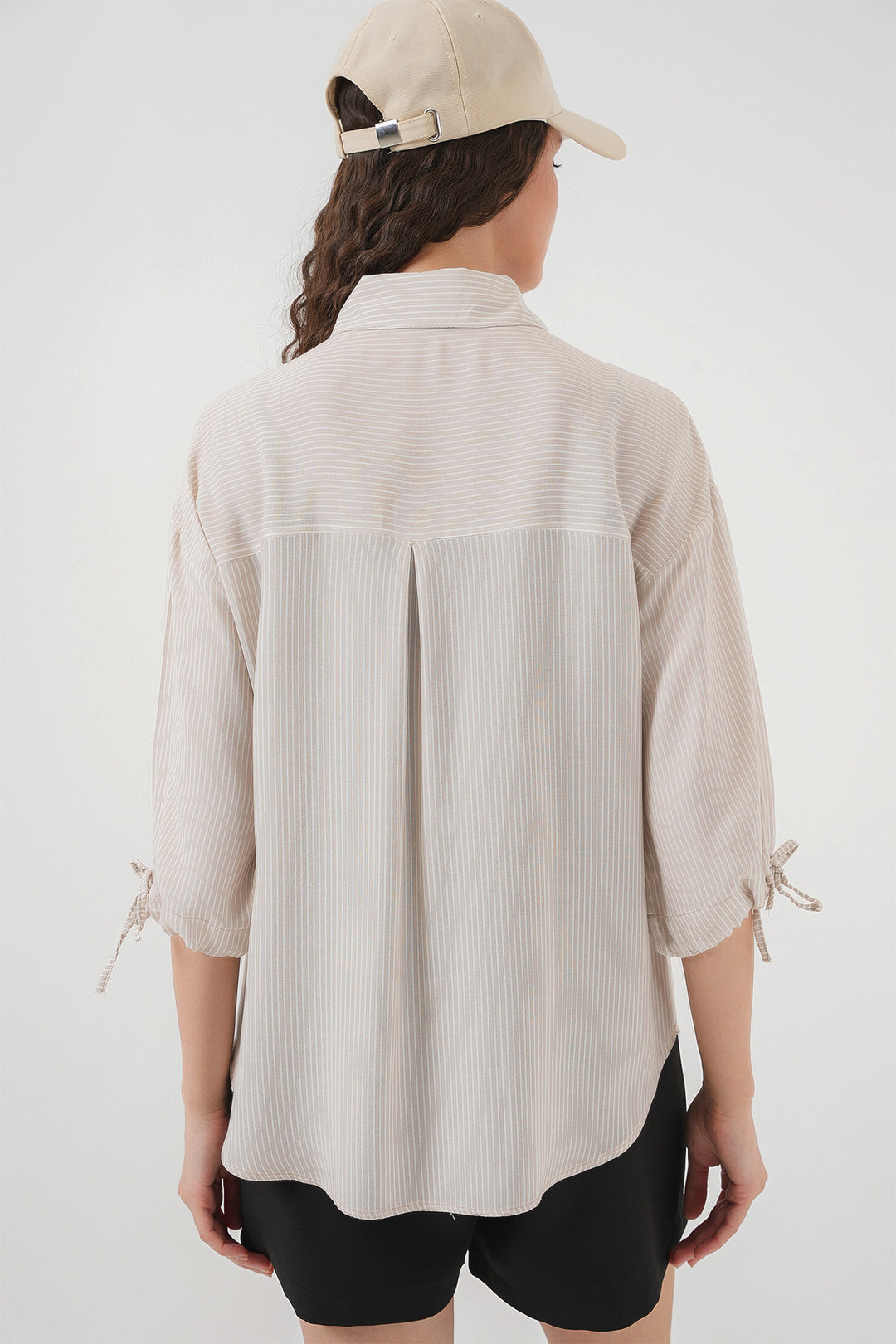 BGD Women Women's Striped Oversized Short Sleeve Shirt 20296 - Cream - Watertown Town