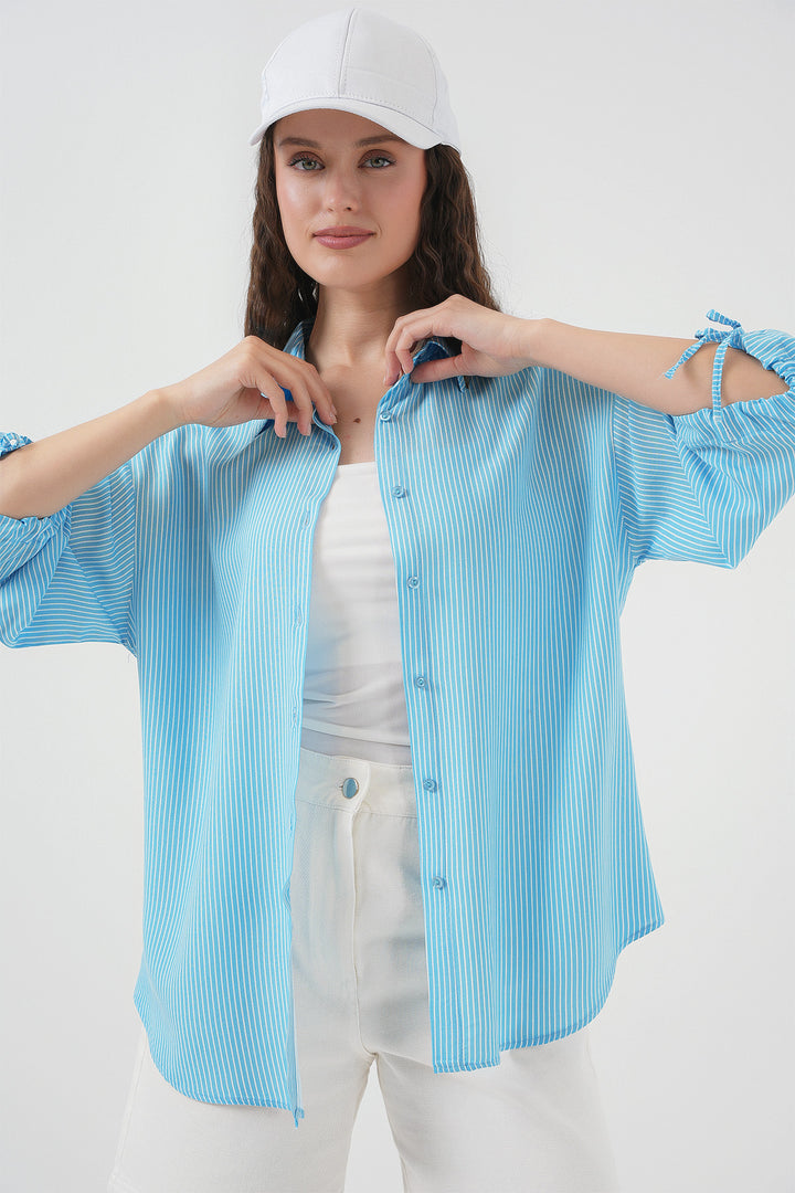 BGD Women Women's Striped Oversized Short Sleeve Shirt 20296 - Blue - Gandía