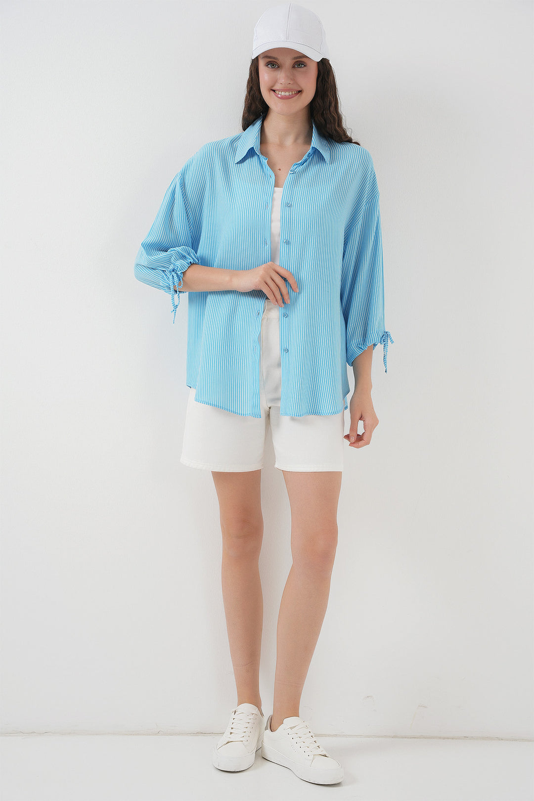 BGD Women Women's Striped Oversized Short Sleeve Shirt 20296 - Blue - Gandía