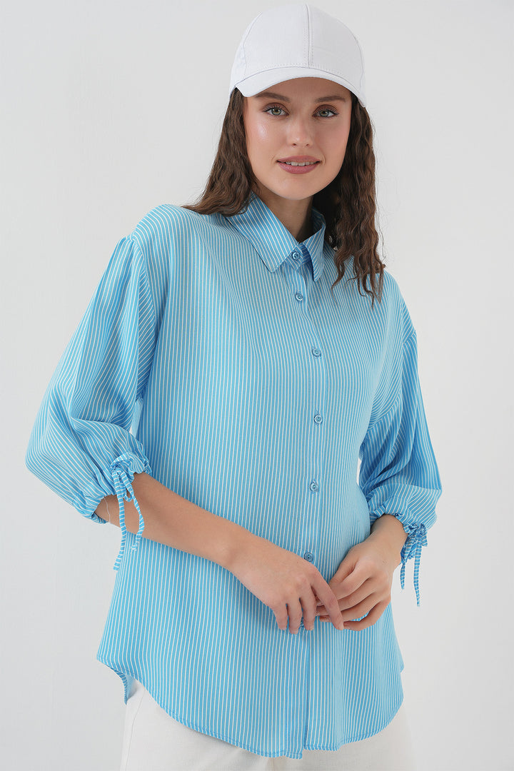 BGD Women Women's Striped Oversized Short Sleeve Shirt 20296 - Blue - Gandía