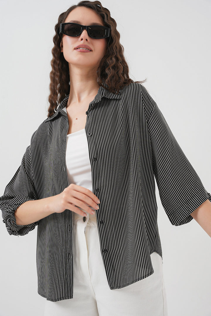 BGD Women Women's Striped Oversized Short Sleeve Shirt 20296 - Black - Mississauga