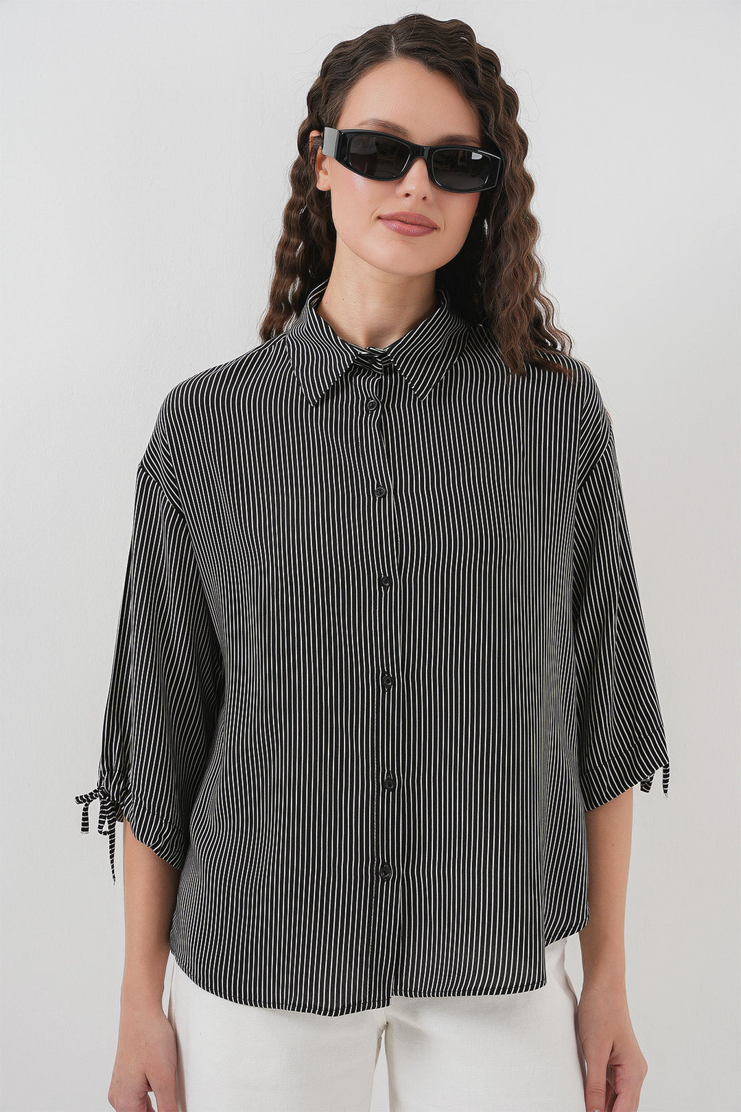 BGD Women Women's Striped Oversized Short Sleeve Shirt 20296 - Black - Mississauga