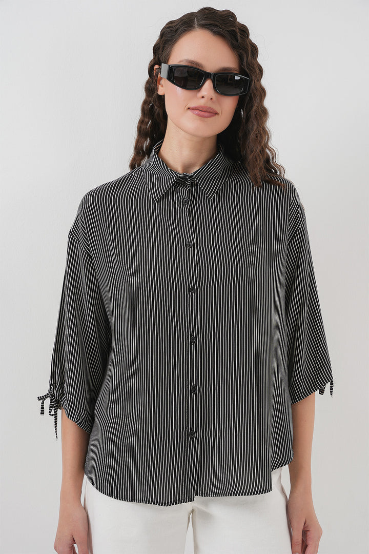 BGD Women Women's Striped Oversized Short Sleeve Shirt 20296 - Black - Mississauga