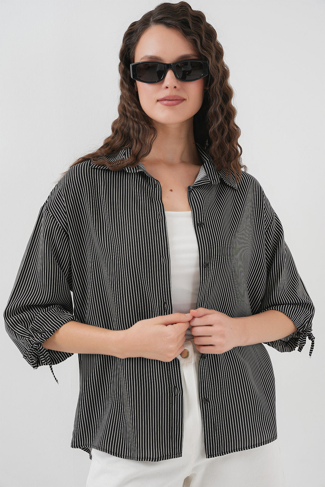 BGD Women Women's Striped Oversized Short Sleeve Shirt 20296 - Black - Mississauga