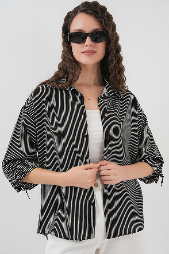 BGD Women Women's Striped Oversized Short Sleeve Shirt 20296 - Black - Mississauga