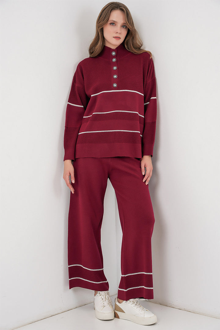 BGD Women Women's Striped Oversized Knitwear Set 15957 - Burgundy - Missouri City