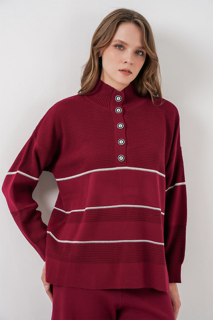 BGD Women Women's Striped Oversized Knitwear Set 15957 - Burgundy - Missouri City