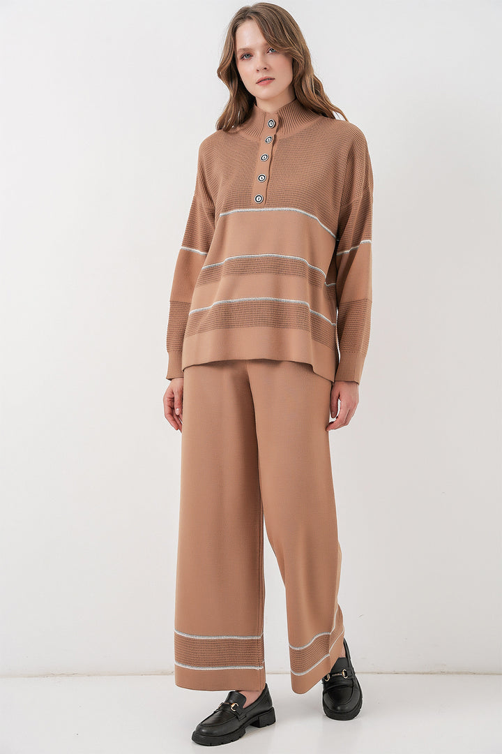 BGD Women Women's Striped Oversized Knitwear Set 15957 - Camel - Falls