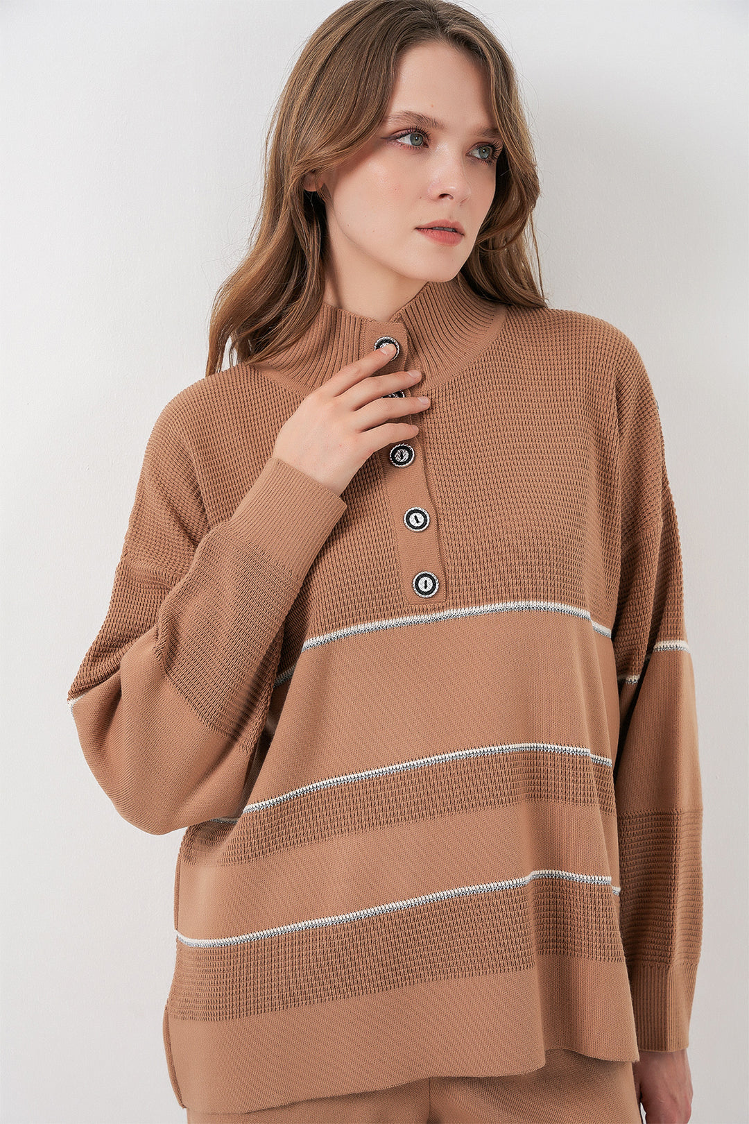 BGD Women Women's Striped Oversized Knitwear Set 15957 - Camel - Falls