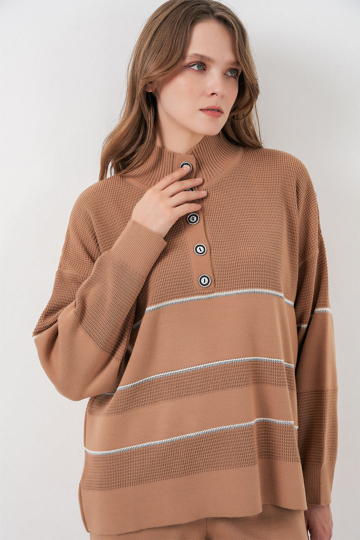 BGD Women Women's Striped Oversized Knitwear Set 15957 - Camel - Falls