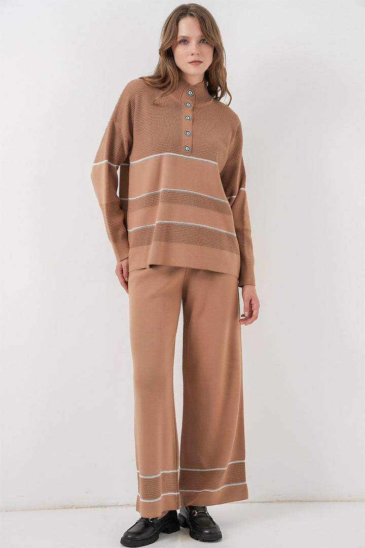 BGD Women Women's Striped Oversized Knitwear Set 15957 - Camel - Falls
