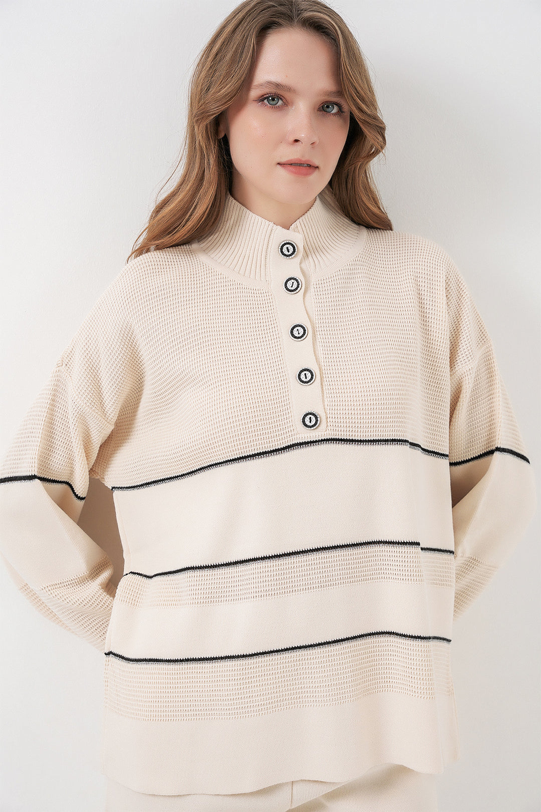 BGD Women Women's Striped Oversized Knitwear Set 15957 - Ecru - Gilbert