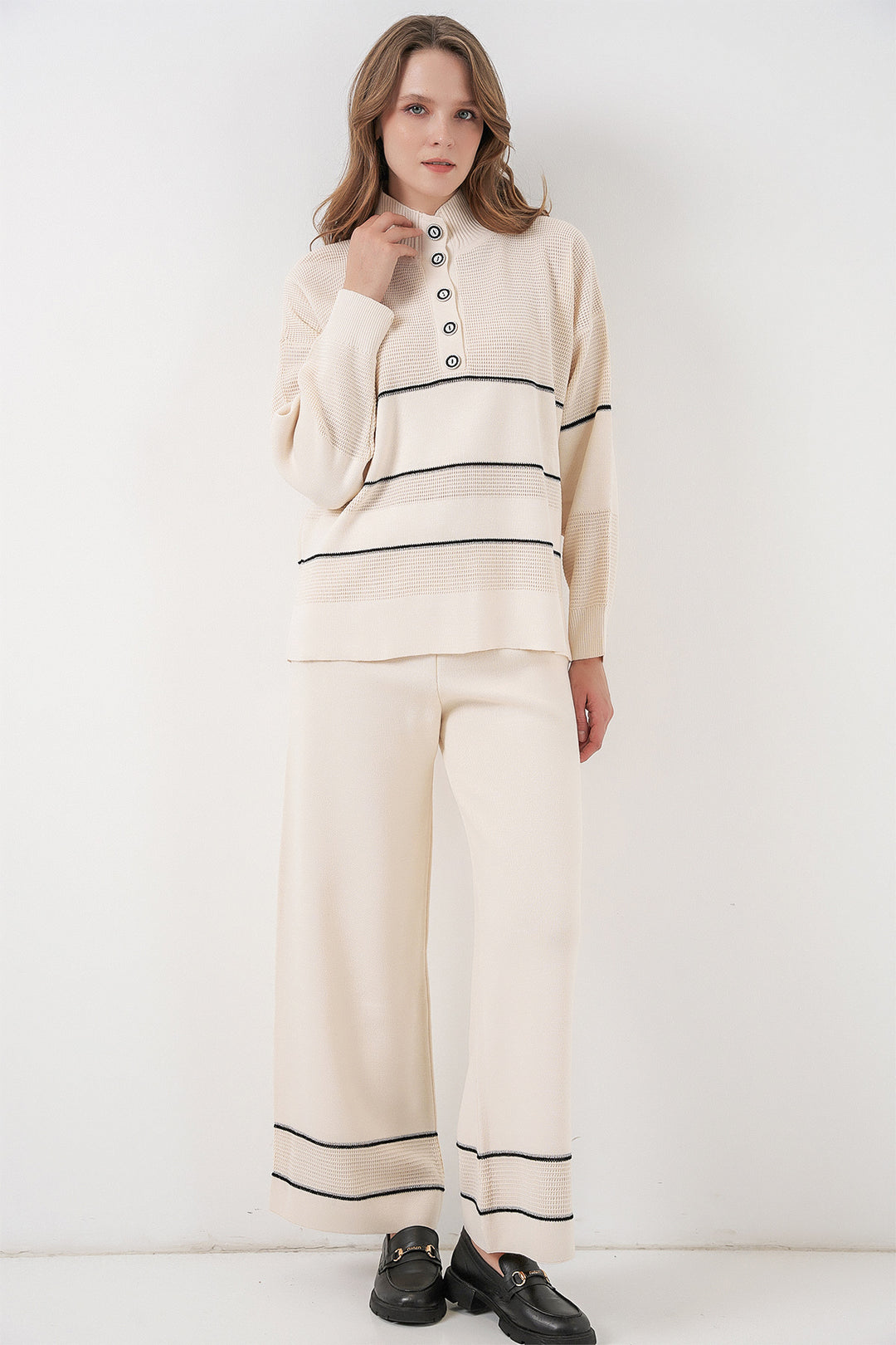 BGD Women Women's Striped Oversized Knitwear Set 15957 - Ecru - Gilbert