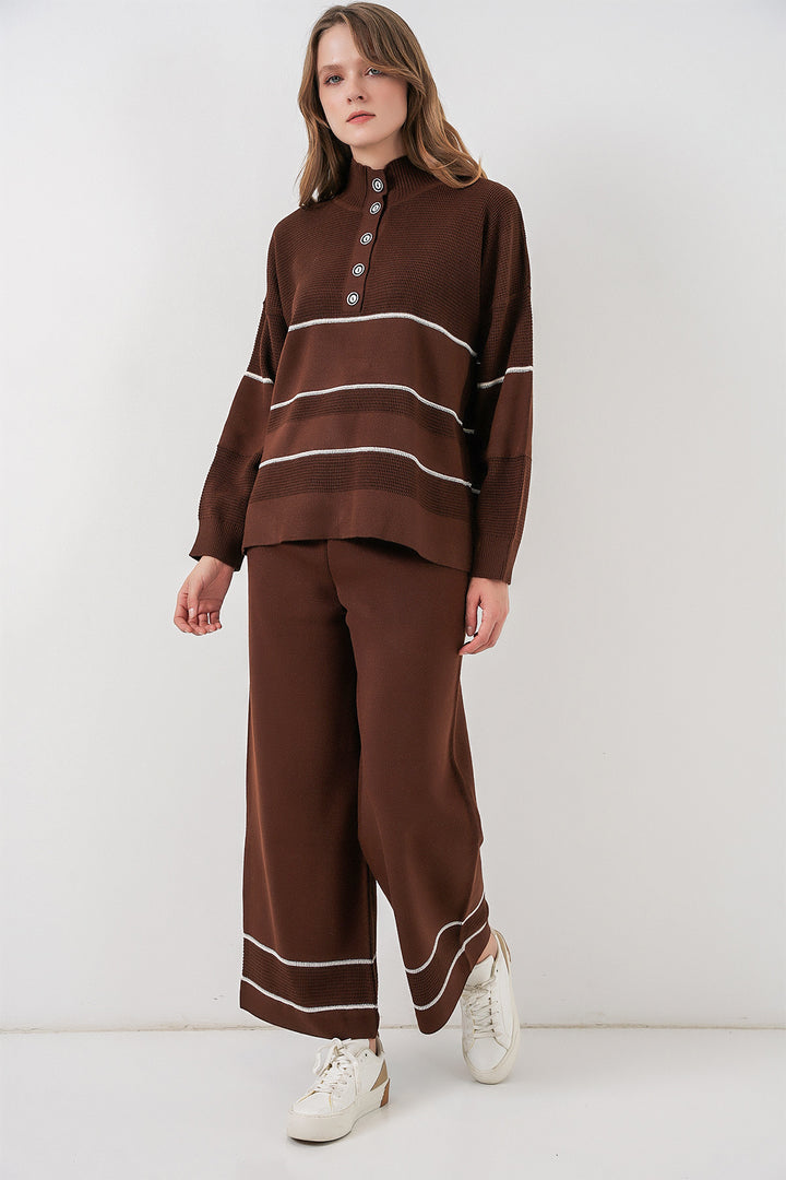 BGD Women Women's Striped Oversized Knitwear Set 15957 - Brown - San Adrián de Besós