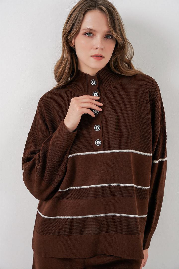 BGD Women Women's Striped Oversized Knitwear Set 15957 - Brown - San Adrián de Besós