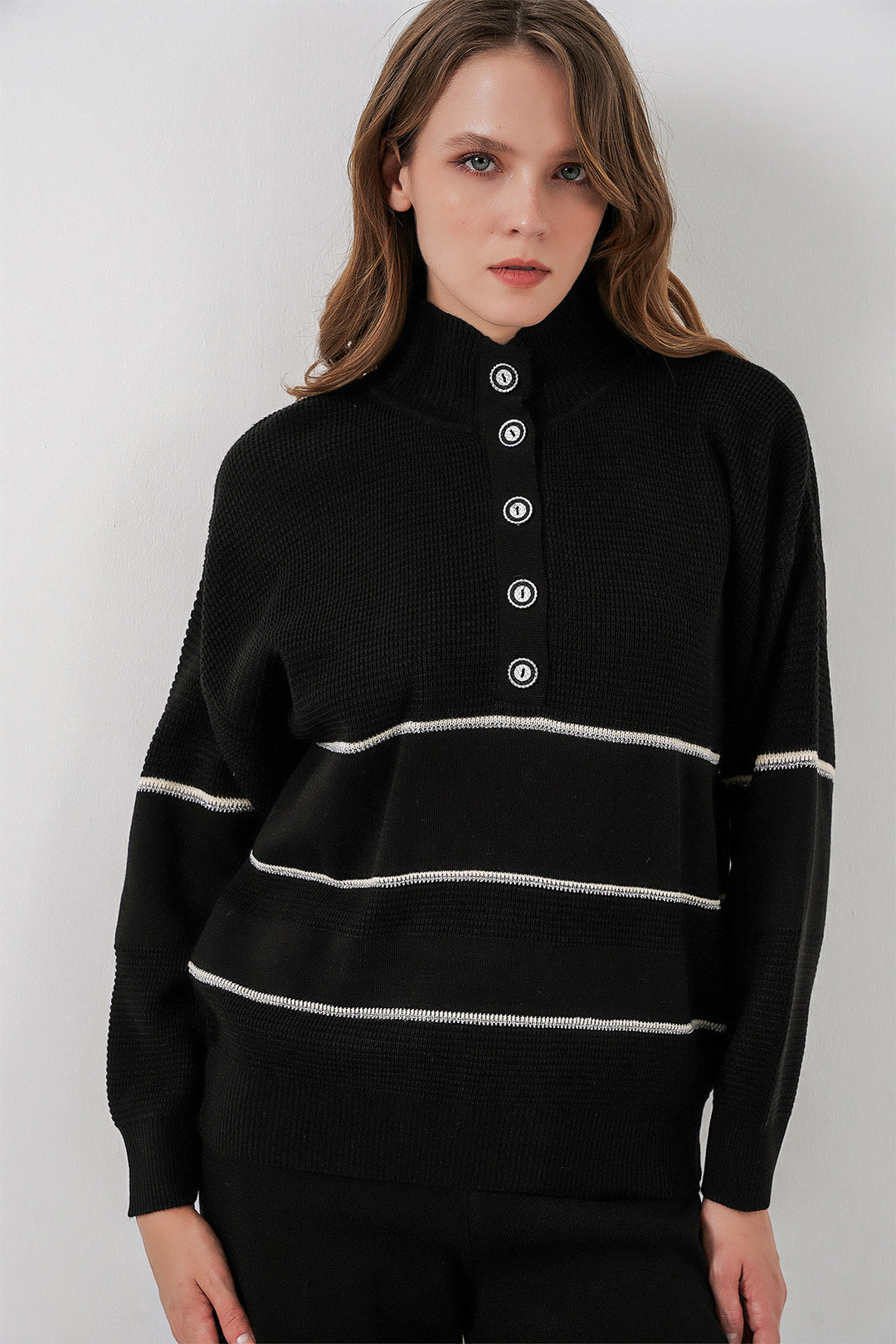 BGD Women Woman Striped Oversized Knitwear Set 15957 - Black - Santa Pola