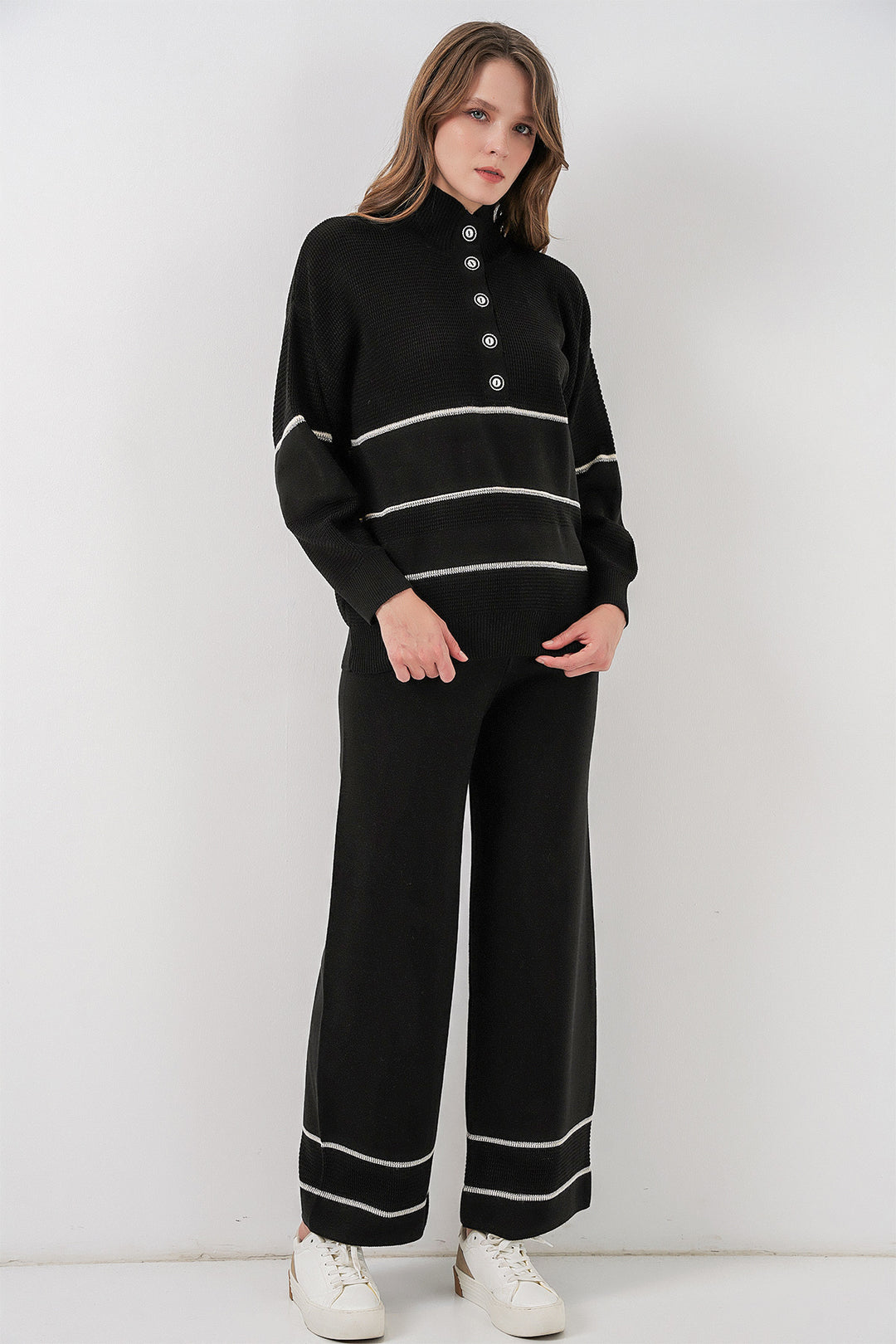 BGD Women Woman Striped Oversized Knitwear Set 15957 - Black - Santa Pola