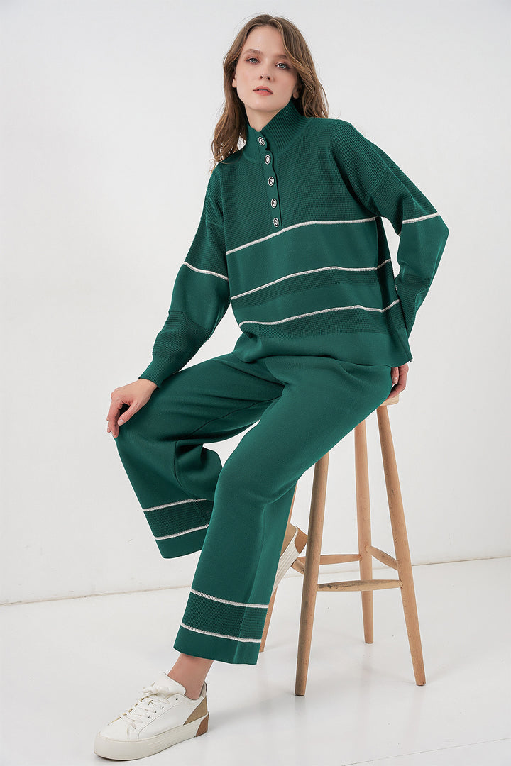 BGD Women Women's Striped Oversized Knitwear Set 15957 - Emerald Green - Elizabeth